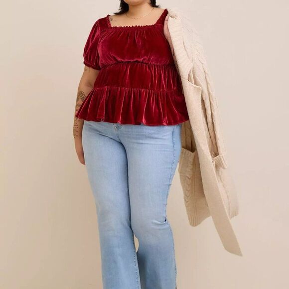 New Red Babydoll Velvet Tiered Top - Picture 1 of 11
